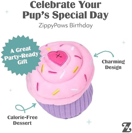 ZippyPaws Birthday Cupcake Dog Squeaky Toys to Keep Them Busy - Pink