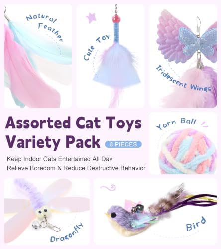 SONGWAY Interactive Cat Wand Toy Set - Retractable Cat Teaser Wand with 8 Cat Toy Attachments, Dragonfly Butterfly Bird Mouse Yarn Ball Tassel Feather Cat Toy Refills for Indoor Cats Kittens, Purple