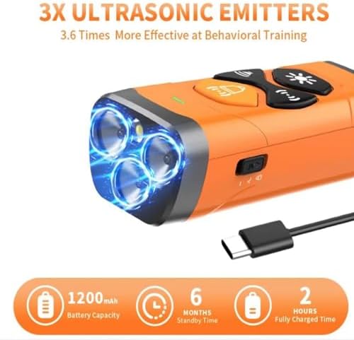 Ultrasonic Dog Bark Deterrent Device – 3X Emitter Rechargeable Anti-Bark Control (25ft Range) with Auto Mode & LED Flashlight, Orange