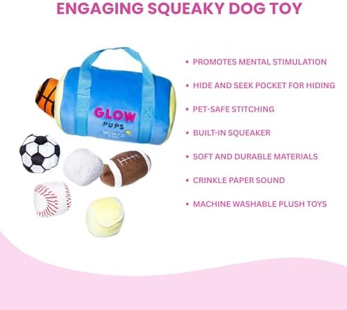 Glow Pups Dog Toy Sports Bag Hide and Seek Interactive Dog Toy with 6 Plush Squeaky Balls, Crinkle 10 Inches Long, Soft Plush, Blue and Yellow Sports Bag with Basketball, Soccer and Football