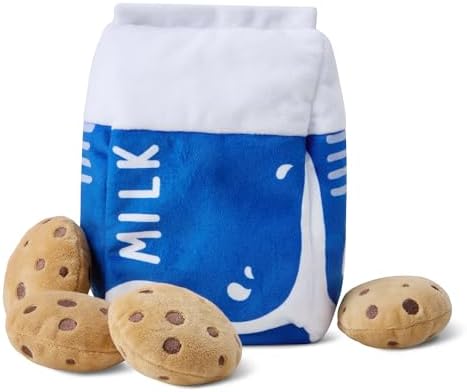 Amazon Basics Interactive Dog Squeak Toys with 1 Milk Carton and 4 Cookies, Ideal for Puppies, Small and Medium Dogs, Soft Plush for Fetch and Cuddling