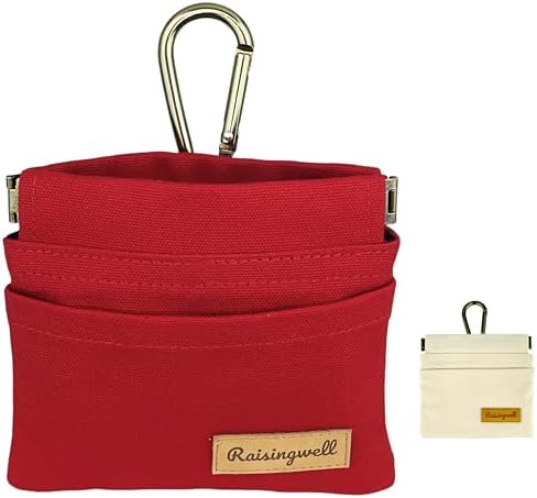 Raisingwell Dog Treat Pouch, Red Pocket Sized Pet Training Pouch, Cotton Fabric, Hand Free Dog Walking Bag with Carabiner, Self-Closing Pet Feed Snack Reward, for Puppy Travel or Outdoor Use