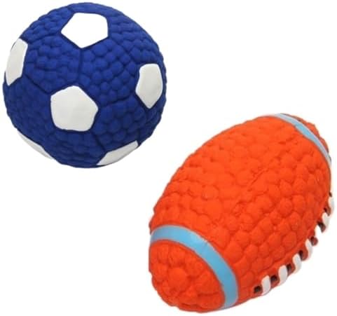 Squeaky Chew Dog Toys Interactive Sports Balls with Squeaker Soft Latex Rubber Bouncy Fetch Ball Toy (Soccer, Volleyball, Football, Tennis) for Puppy & Dog (Soccer+Football,Small)