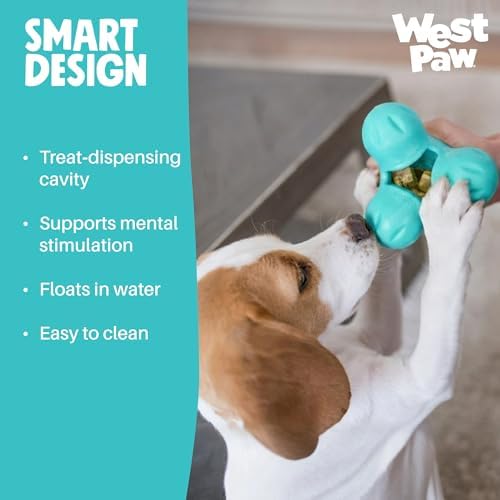 WEST PAW Zogoflex Tux Treat Dispensing Dog Chew Toy – Interactive Chewing Toy for Dogs – Dog Games for Aggressive Chewers, Fetch, Catch – Holds Kibble, Treats, Small 4", Teal