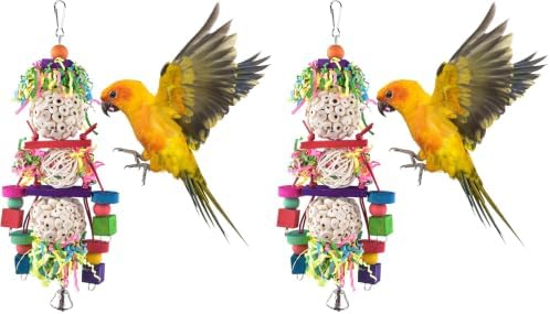 Bissap Conure Toys, Bird Parrot Foraging Shredder Hanging Toys Sola Balls Sepak Takraw with Bell for Small Parrots Parakeets Conures Cockatiels Love Birds Cage Toy (Pack of 2)