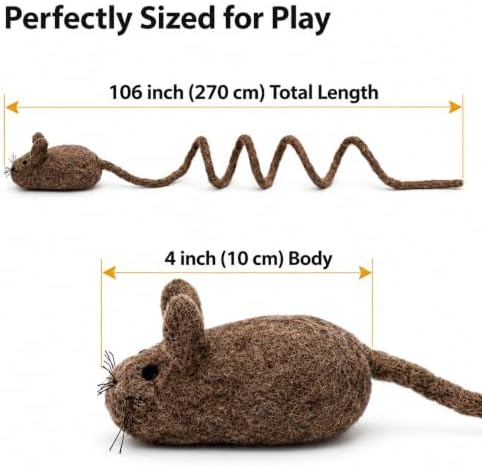 Glaciart One Felt Mouse Cat Toy – Soft Fuzzy Enrichment 100% Natural Wool - Interactive Catnip Play Cat Toy Set - Safe for Pets, Non-AZO Colored Dyes - 100” Long