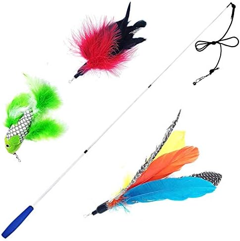 Pet Fit for Life Retractable Interactive Cat or Kitten Wand with 2 Feathers and 1 Soft Furry Combo