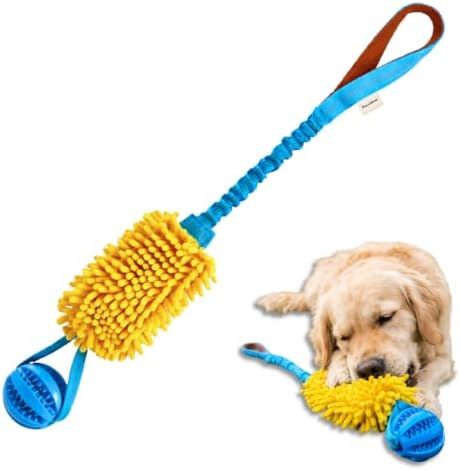 Gus & Goose Dog Tug Toy with Bungee, Comfort Handle, Plush Chew Section, Durable Rubber Ball, for Outdoor and Indoor Play, Blue and Yellow, for Medium and Large Dogs
