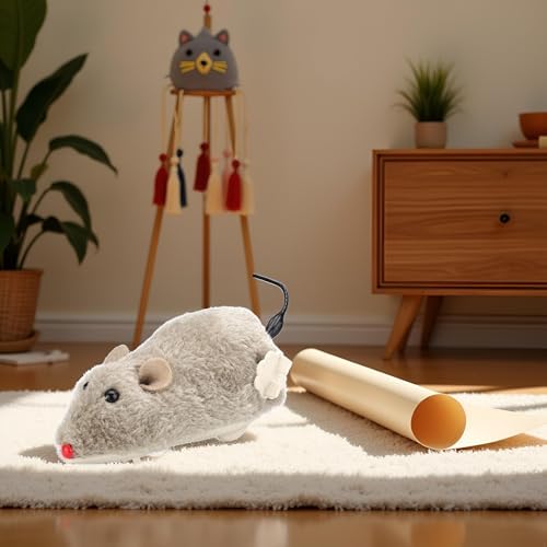 Brown Wind Up Mouse - Mouse Hunting, Feathered Cat, Interactive Wind Up for Cats Life Like Simulation, Rats Chasing Interactive for Indoor Kitties Cat Mice and Animals