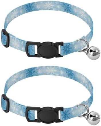 Snowflakes Blue White Collar for Cats, 2 Pack Decorative Pet Collar with Bell