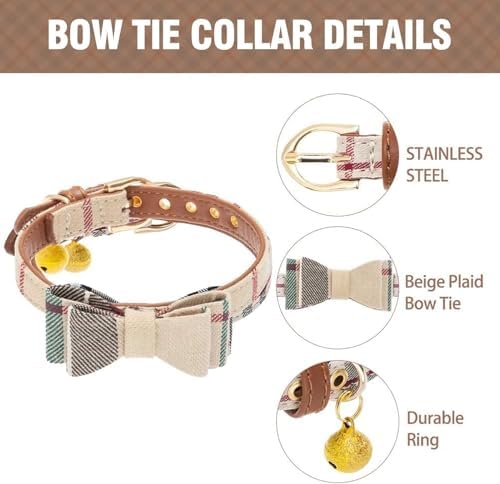 KOOLTAIL Small Dog Collar and Leash Set with Bowtie and Bells - Cute Puppy Bandana Collar and Leash with Classic Plaid Pattern, Soft Leather Tangle Free Leashes for Small Boys Girls Dogs,Cats,Beige S