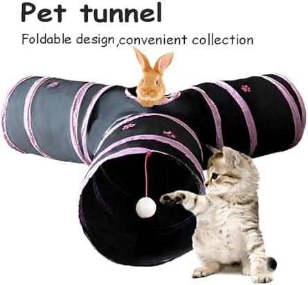 3-Way Collapsible Cat Tunnel Tube Toy Black Pink Paws
