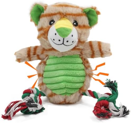 Tiger Plush Dog Toy with Rope and Squeaker for Small Medium Dogs