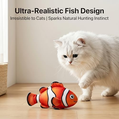 Flopping Fish Cat Toy, Interactive Moving Plush Cat Kicker Toy with Catnip Pocket, USB Rechargeable Automatic Wiggle Clownfish Toy for Indoor Kitten & Small Dogs, Single Clownfish（9.84Inch）