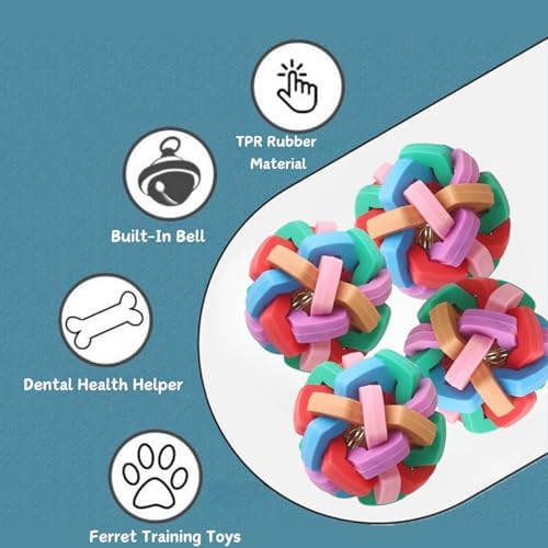 4 Pack Ferret Toys Colorful Bouncy Rubber Balls with Bell Ferret Teeth Grinding Wiggle Ball Interactive Sound Toy Exercise Play Scratch Chew Toys for Indoor Cat Dog Pet(4 Pack)