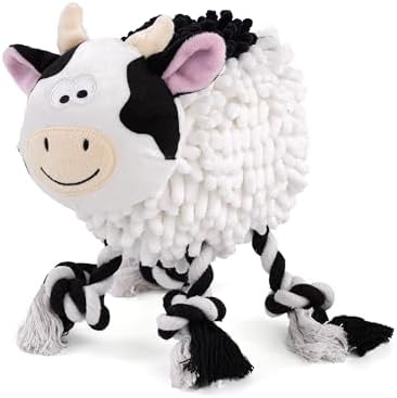 Fuzzl Farmyard Friends Dog Toy – Molly Moo Cow – Large Soft Noodle Fabric Plush with Durable Rope Legs – Interactive Tug Chew & Comfort Toy for Dogs