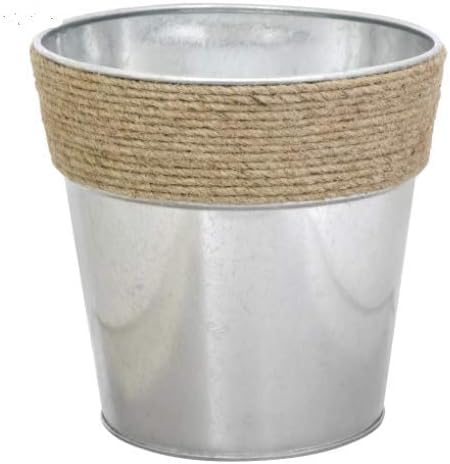 (2) Metal Bucket Vases Planter with Rope Jute Accent Rim, 5.5 in Rim x 5.5" Tall Aluminum organizing Live and Artificial Plants Décor - Steelpangal