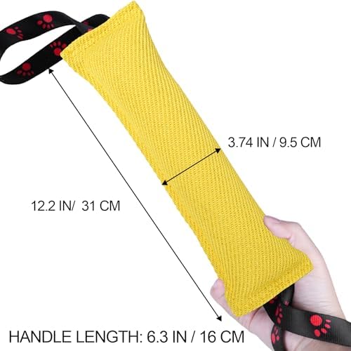 ToLanbbt Dog Tug Toy Bite Jute Pillow Pull Toy with 2 Strong Handles Perfect for Tug of War, Puppy Interactive Play, Tear Resistant Bite Training for Small Medium Large Dogs (Bright Yellow-Footprint)