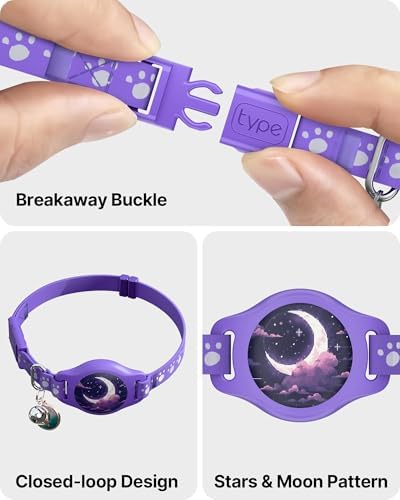 Cat Tracker Collar - Waterproof Airtag Cat Collar with Finder Tag, Purple | Compatible with Apple Find My (iOS ONLY), Breakaway Tractive Design with Reflective Pattern & Bell (Not for Android Devices)