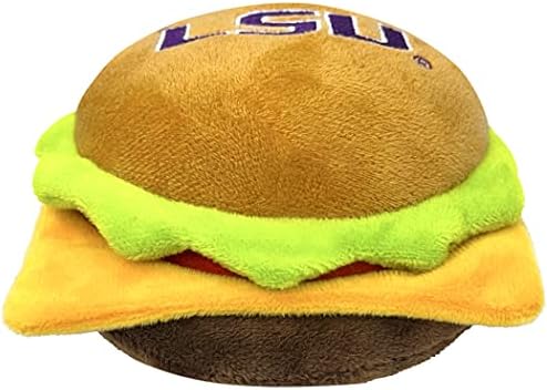 Pets First NCAA LSU Tigers Cheese Burger Plush Dog & CAT Squeak Toy - Cutest Stadium HAMBERGER Snack Plush Toy for Dogs & Cats with Inner Squeaker & Beautiful Football/Basketball Team Name/Logo