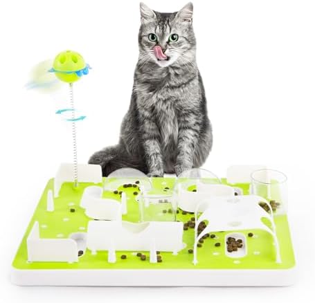 ALL FOR PAWS Interactive Cat Puzzle Feeder, Slow Feeder with Teaser Ball, Treat Maze Feeder & Brain Toy, Mentally Stimulating Enrichment Toy for Kittens & Indoor Cats