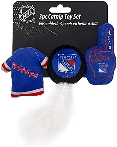 NHL NEW YORK RANGERS Plush Cat Toys Set: Jersey, Hockey Puck & #1 Fan, Filled with Fresh Catnip