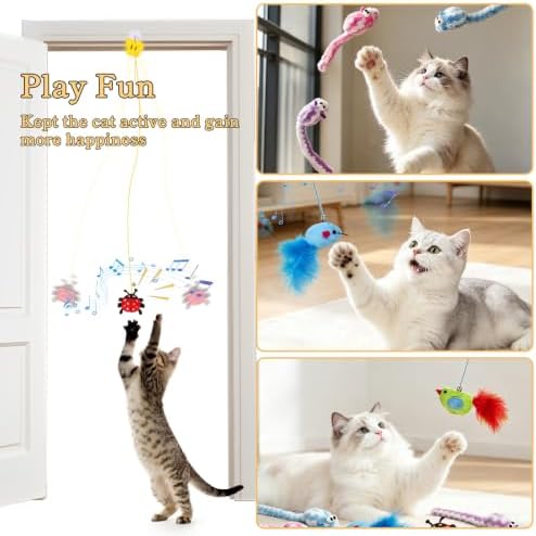 Door Hanging Cat Toy Set, 6 Pack Interactive Self-Play Cat Teaser with Retractable Elastic String, Hanging Door Cat Toys for Indoor Cats Kitten, Boredom Relief, Hunting Instinct, Exercise