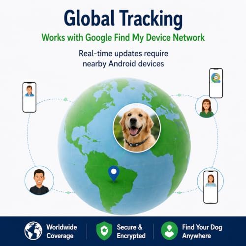 GPS Dog Tracker Collar, Android Only Pet Tracker with Adjustable Collar Compatible with Google Find My, Waterproof Smart Tag Dog Collar, No Monthly Fee, for Small Medium Large Dogs