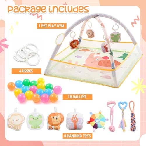 30 x 30 x 21 Inch Puppy Play Gym with 9 Hanging Toys & 18 Ocean Balls – Interactive Activity Mat for Dogs & Cats, Includes Squeaky Plush & Chew Toys – Portable Snuffle Mat for Pets up to 25 Lbs