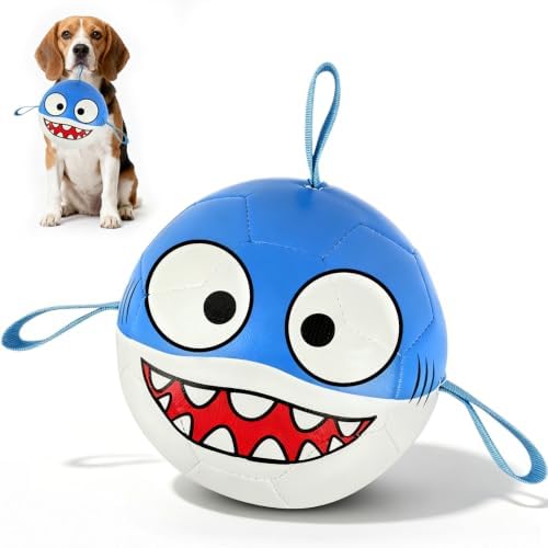Vivifying Dog Soccer Ball, 6 Inch Inflatable Shark Dog Toy with Nylon Grab Tabs, Reinforced PU Interactive Fetch and Tug Ball for Small Dogs, Blue and White