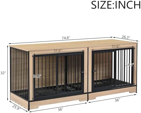Double XL Dog Crate Furniture, Natural Wooden pet Kennel Cabinet with 4 Doors, Dog cage Furniture and Wood tv Stand with Dog Storage (75inch Natural)