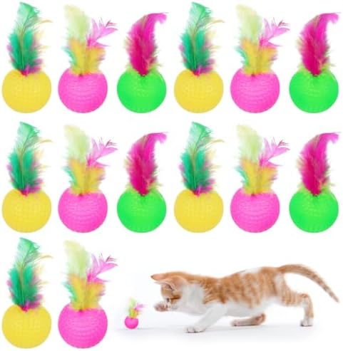 Veemoon Cat Feather Toy 24 pcs Interactive Feather Ball for Cats Sounding Teaser Play Balls 3.34 X 1.49 X 1.49 in Indoor Exercise Supplies for Home or Shop