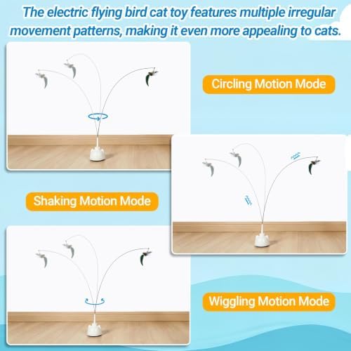Interactive Cat Toys for Indoor Cats, Automatic 360° Spinning Cat Wand Toy, Strong Suction Cup Base, USB Rechargeable, Detachable Wand, 2 Feather Refills, 2 Speeds, 3 Modes for Cats of All Ages