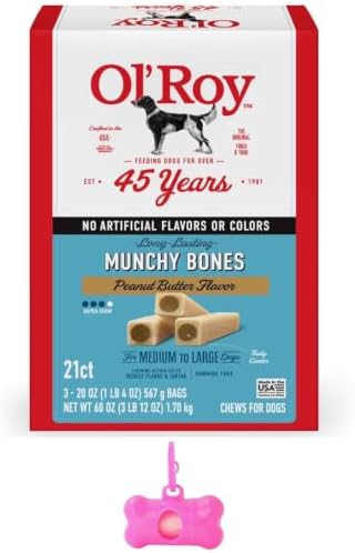 Ol Roy Munchy Bones Dog Treats, Peanut Butter Flavor, No Artificial Flavors or Colors, 60 oz, 21 Count with Bone Waste Bag Dispenser and Roll