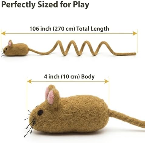 Glaciart One Felt Mouse Cat Toy – Soft Fuzzy Enrichment 100% Natural Wool - Interactive Catnip Play Cat Toy Set - Safe for Pets, Non-AZO Colored Dyes - 100” Long