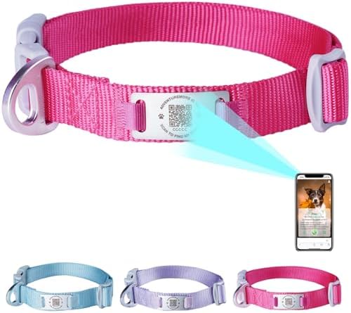 ADVENTUREMORE Smart ID Tag QR Code Nylon Dog Collar - Prevents Small, Medium, Large Dogs from Getting Lost at Night, Displays Owner and Pet Details - Durable, Adjustable, Thick-Rose-Large
