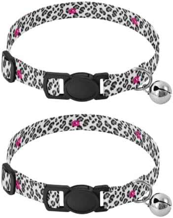 Bold Black Gray Leopard Spots White Small Dog Collar with Bell 2 Pack Cat Collars Adjustable Length 10.6" to 17.1"