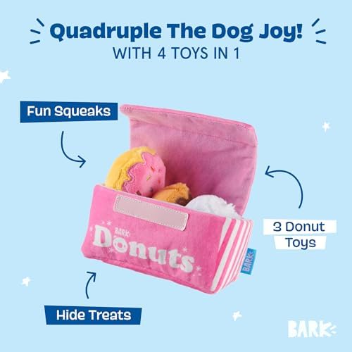 BarkBox Barker's Dozen Donuts 4-in-1 Interactive Plush Dog Toy | Squeaky Dog Toys with Crinkle Box - For Small Dogs and Puppies