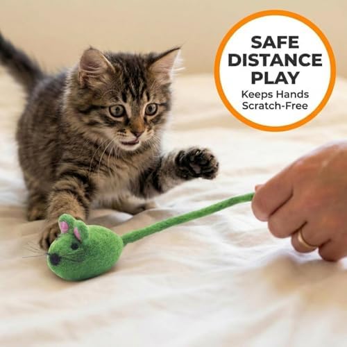 Glaciart One Felt Mouse Cat Toy – Soft Fuzzy Enrichment 100% Natural Wool - Interactive Catnip Play Cat Toy Set - Safe for Pets, Non-AZO Colored Dyes - 42” Long