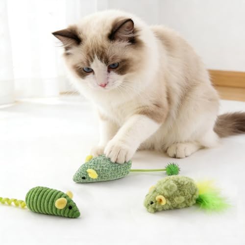 Andiker 3PCS Cat Mouse Toys, Colorful Catnip Toys for Cats with Rattle Box Ribbon Feather Interactive Cat Toys for Indoor Cats to Chew Bite Teeth Cleaning (Green)