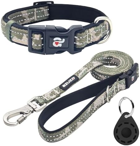 azuza Reflective Dog Collar and Leash Set with Airtag Holder, Green Camo Padded Collar with Matching Clip Handle Leash for Small Dogs