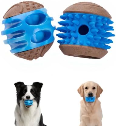 MECOOL 2PCS Durable Dog Chew Toys, Squeaky Chew Ball & Treat Dispensing Toy, Tough Nylon Ends & Natural Rubber for Aggressive Chewers, Interactive Puzzle Toys for All Breed Dogs,Bacon Flavored,Blue