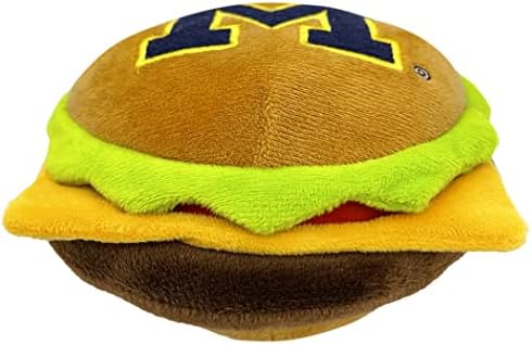 NCAA MICHIGAN WOLVERINES CHEESE BURGER PLUSH DOG & CAT SQUEAK TOY - Cutest STADIUM HAMBERGER SNACK Plush Toy for DOGS & CATS with INNER SQUEAKER & Beautiful Football/Basketball Team Name/Logo