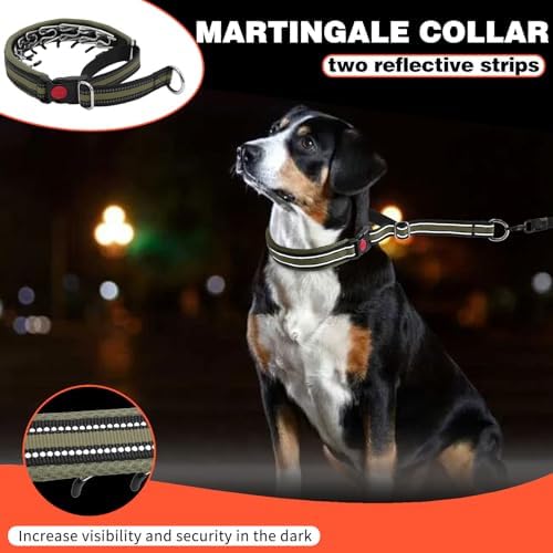 Martingale No Pull Dog Collar for Large Medium Small Dogs, Heavy Duty Nylon Adjustable Reflective Anti Pull Slip Collar with Buckle for Training Walking Hunting L Army Green