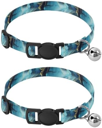 Turquoise Watercolor Marble Cat Collar with Bell 2 Pack Pet Collars Adjustable Length 10.6" to 17.1"