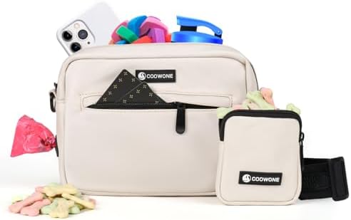 Dog Treat Pouch with Removable Small Pet Training Treat Pouches, Built-in Poop Bag Dispenser, Adjustable Shoulder Strap Cross Body Dog Walking Bag (Beige)