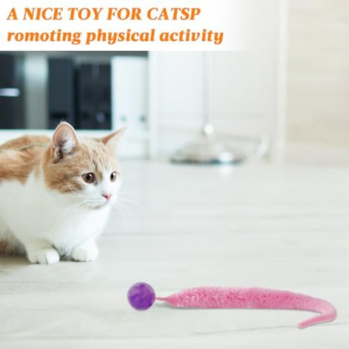 Bouncy Ball With Tail Cat Toy, 6 Packs Rainbow Magic Worm With Ball for Cats, Colorful Fuzzy Worm Bouncy Balls (Rainbow Large)