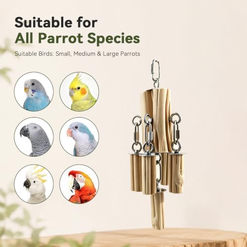 AOTU Medium Large Parrot Chew Toy, 304 Stainless Steel Natural Hardwood Bird Toys, Safe Durable Hanging Interactive Enrichment Toy for Macaw, Cockatoo, African Grey, Amazon Parrots