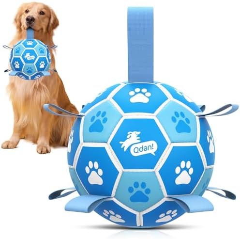 QDAN Dog Soccer Balls Toys : Premium Dog Soccer Ball with Straps, Outdoor Dog Toys, Pet Training Soccer for Medium Large (7 Inch)