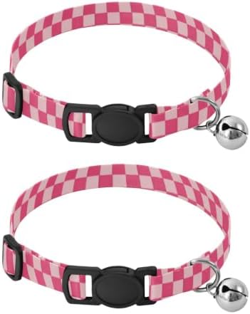 Pink Checkerboard Squares Collars for Cats, 2 Pack Decorative Pet Collar with Bell